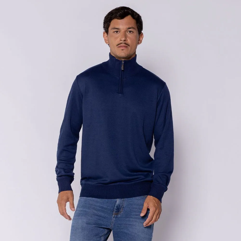 Suéter Masculino em Tricot Gola Alta com Zíper Marc Alain Azul Marinho