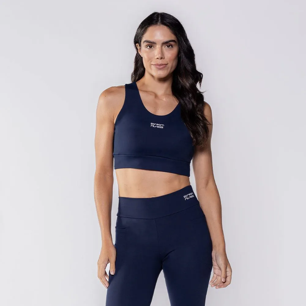 Top Feminino Fitness com Abertura Scream Azul Marinho