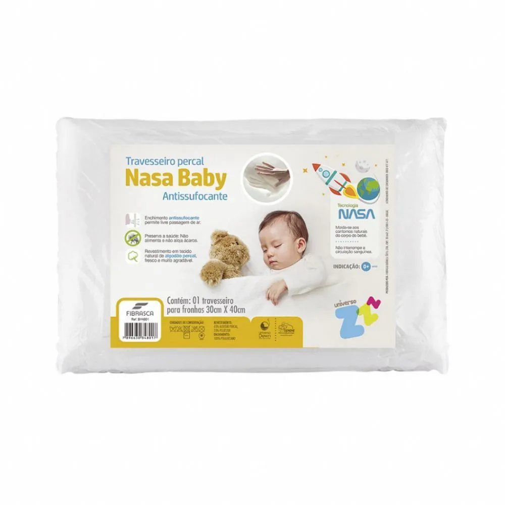 Travesseiro Infantil Percal Nasa Baby 30 Cm X 40 Cm Fibrasca - Branco