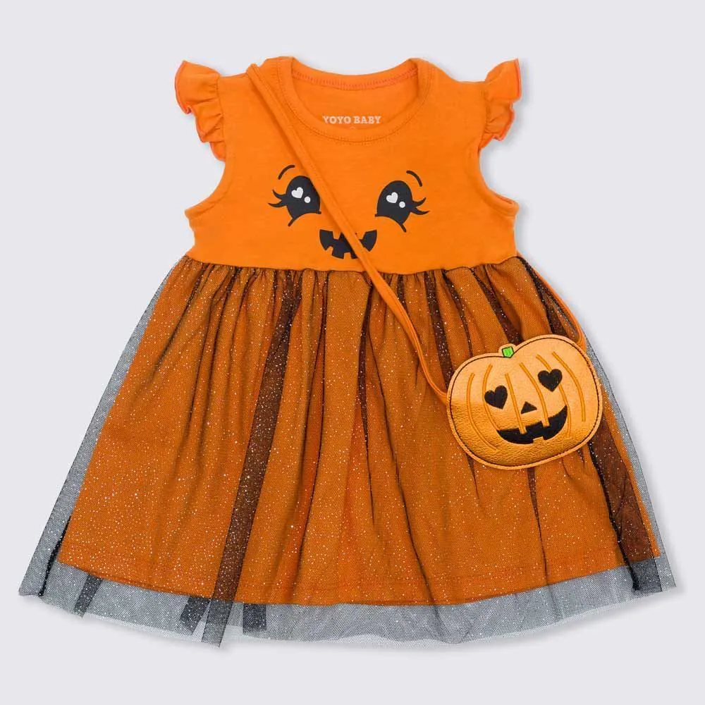Vestido de Bebê Malha Cotton Abóbora com Bolsinha Yoyo Baby Abobora