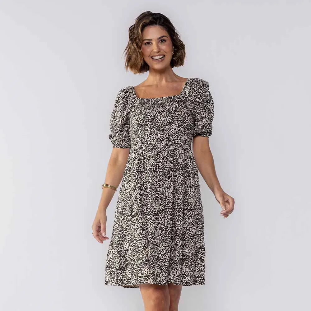 Vestido Feminino Curto com Manga Bufante Boby Blues Estampado Coracao