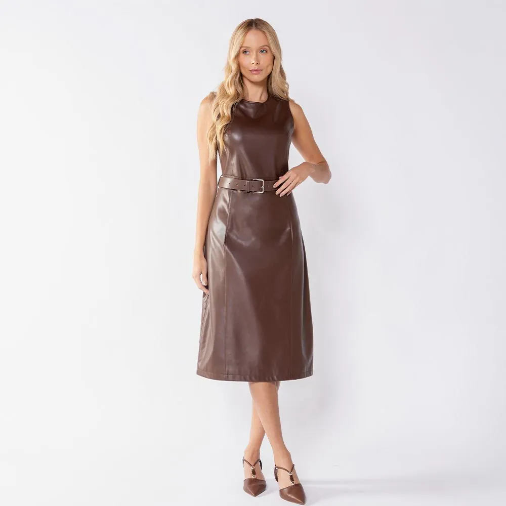 Vestido Feminino em PU Sintético Patricia Foster Marrom