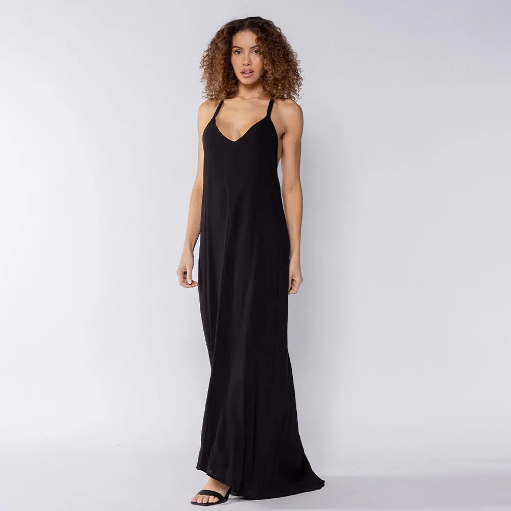 Vestido Feminino Longo de Alça com Decote Boby Blues Preto