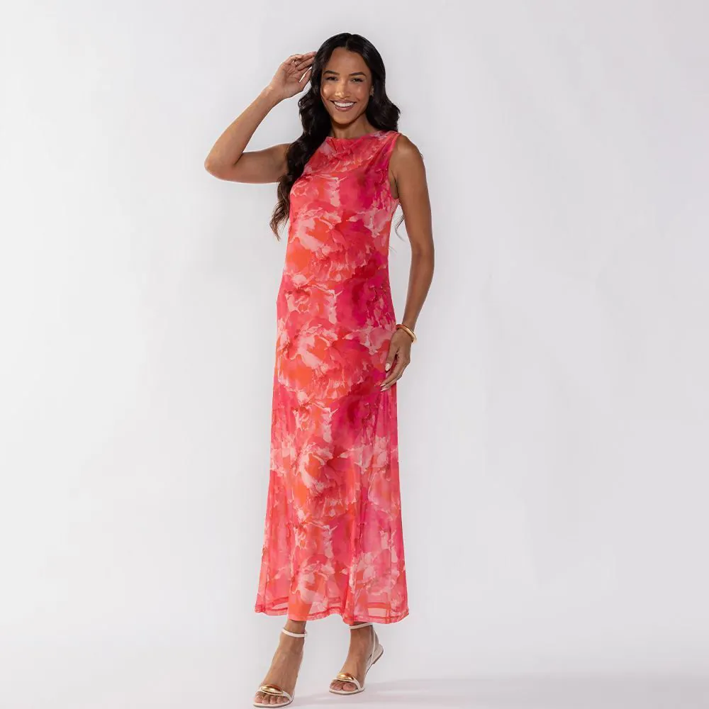 Vestido Feminino Longo Tule Patricia Foster Estampado Vermelho