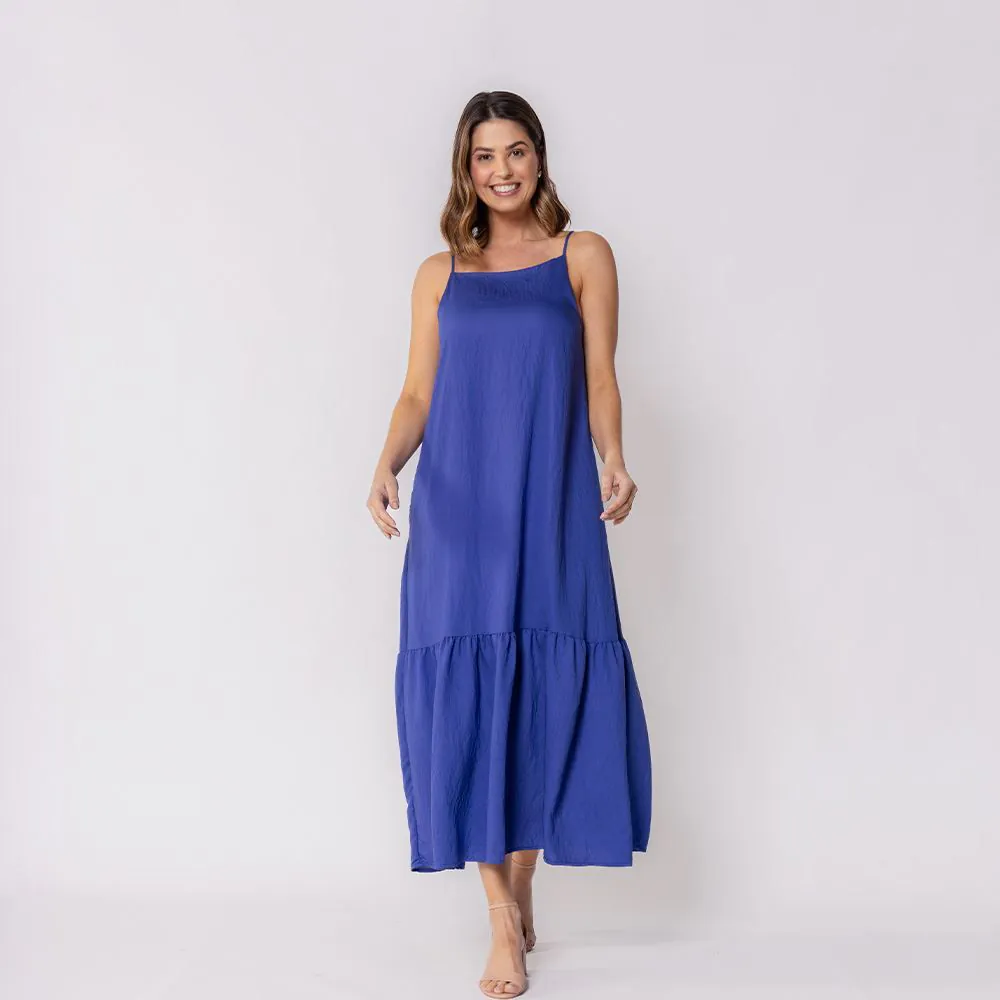 Vestido Feminino Midi com Decote Quadrado Patricia Foster Azul Medio