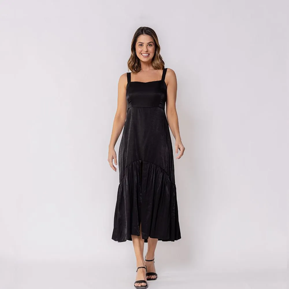 Vestido Feminino Midi com Fenda Patricia Foster Preto