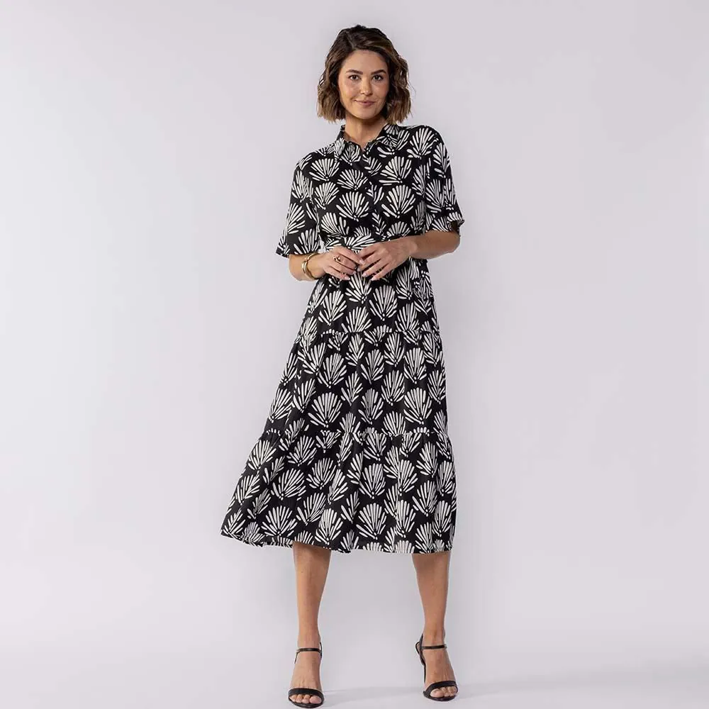 Vestido Feminino Midi de Botões Patricia Foster Estampado Preto