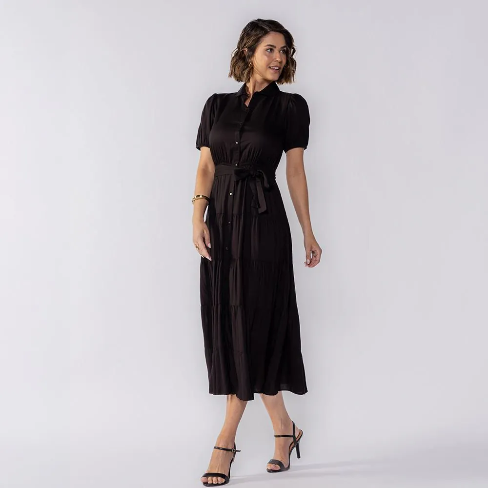Vestido Feminino Midi de Botões Patricia Foster Preto