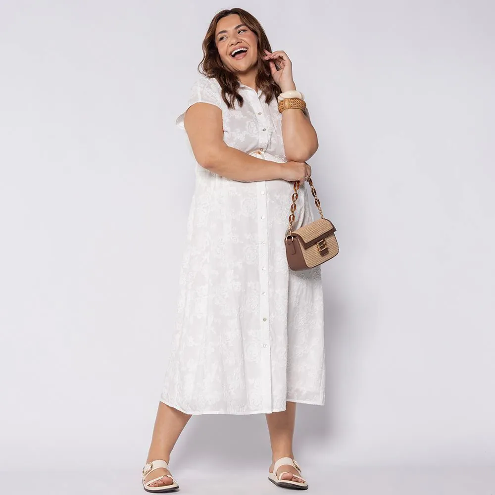 Vestido Longo Chemise com Bordado Patricia Foster Branco