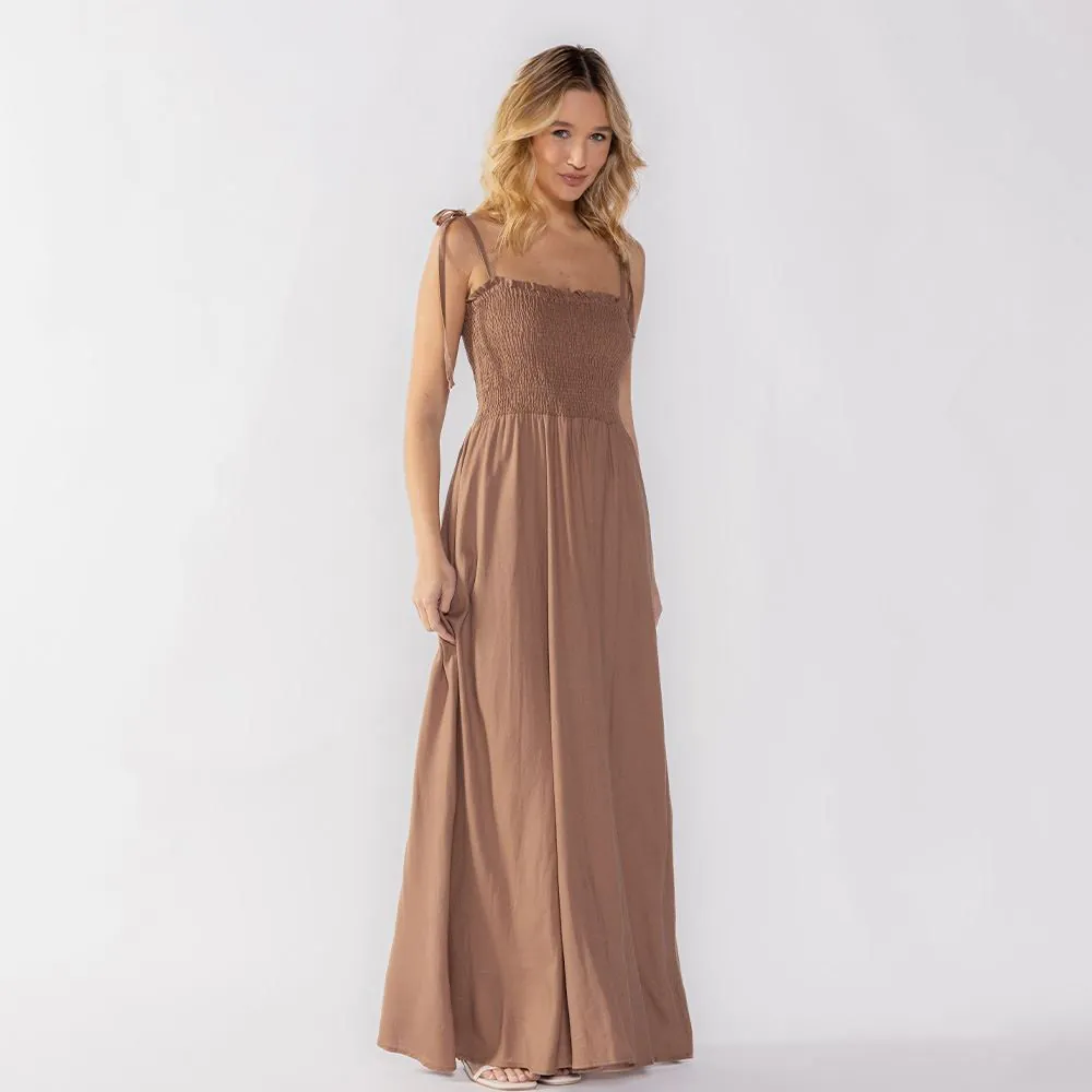 Vestido Longo Feminino com Alça Ajustável Boby Blues Amendoa