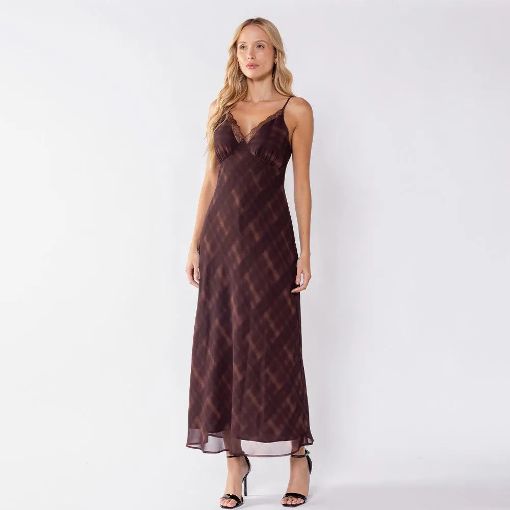 Vestido Longo Feminino com Renda no Decote Boby Blues Xadrez
