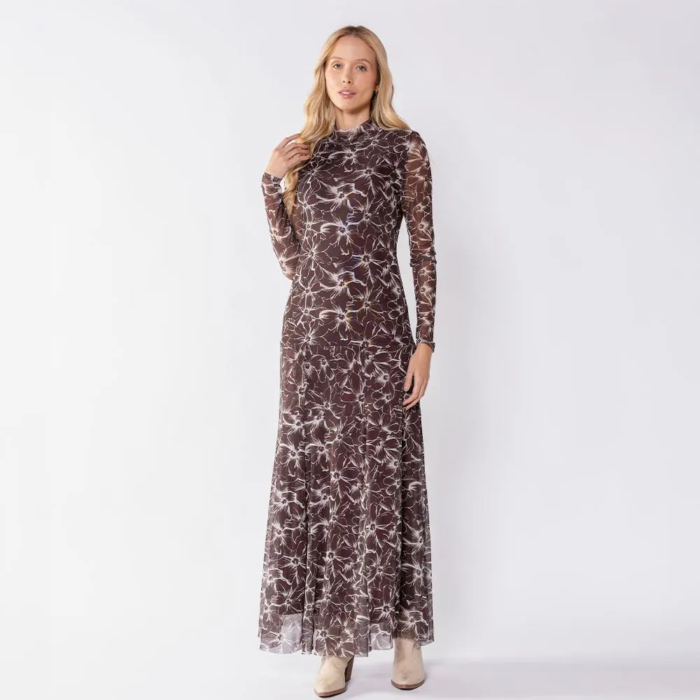 Vestido Longo Feminino em Tule Floral Manga Longa Patricia Foster Estampado
