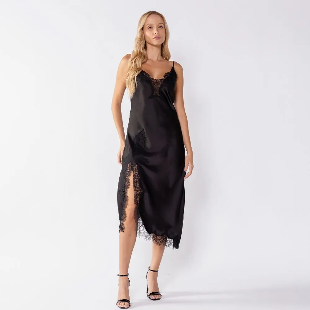 Vestido Midi de Cetim com Detalhe de Renda Boby Blues Preto