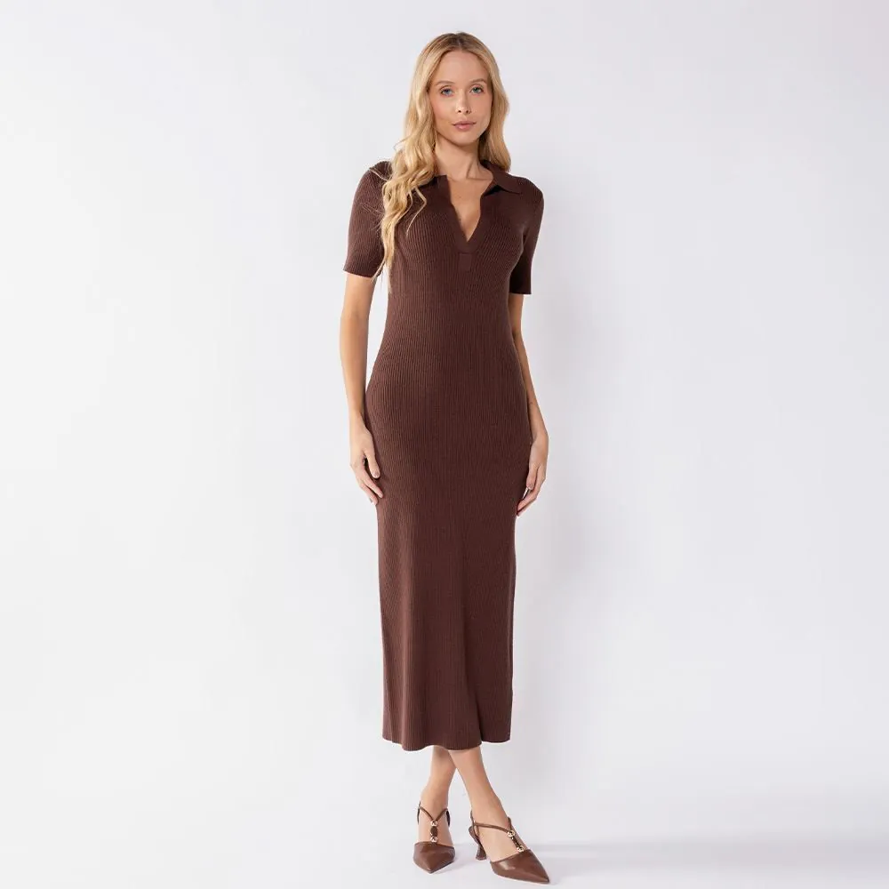 Vestido Midi Feminino de Tricot Patricia Foster Marrom