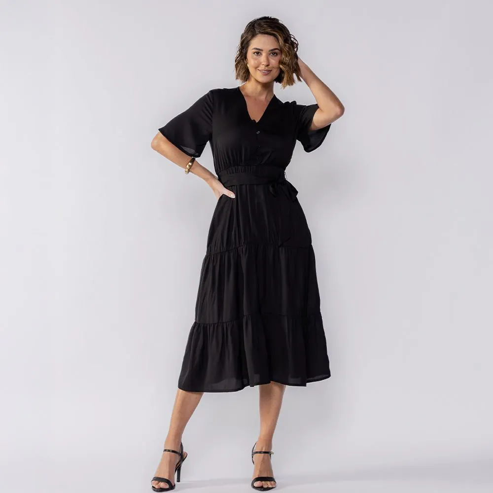 Vestido Feminino Midi de Botões Patricia Foster Preto Liso