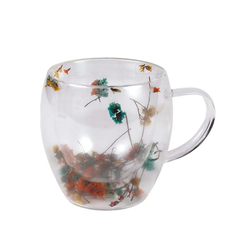 Xícara de Vidro Duplo com Flores Secas Coloridas 250Ml - Majestic