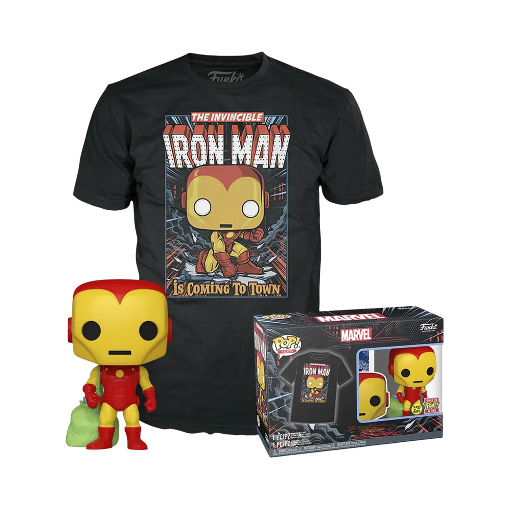 Boneco Funko Pop com Camiseta M Marvel Holiday Iron Man