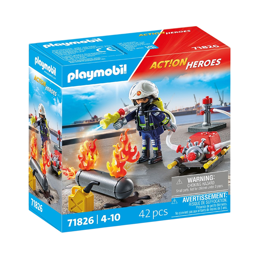 Brinquedo Playmobil Bombeiro com Bomba de Água Action Heroes 71826 42 Peças