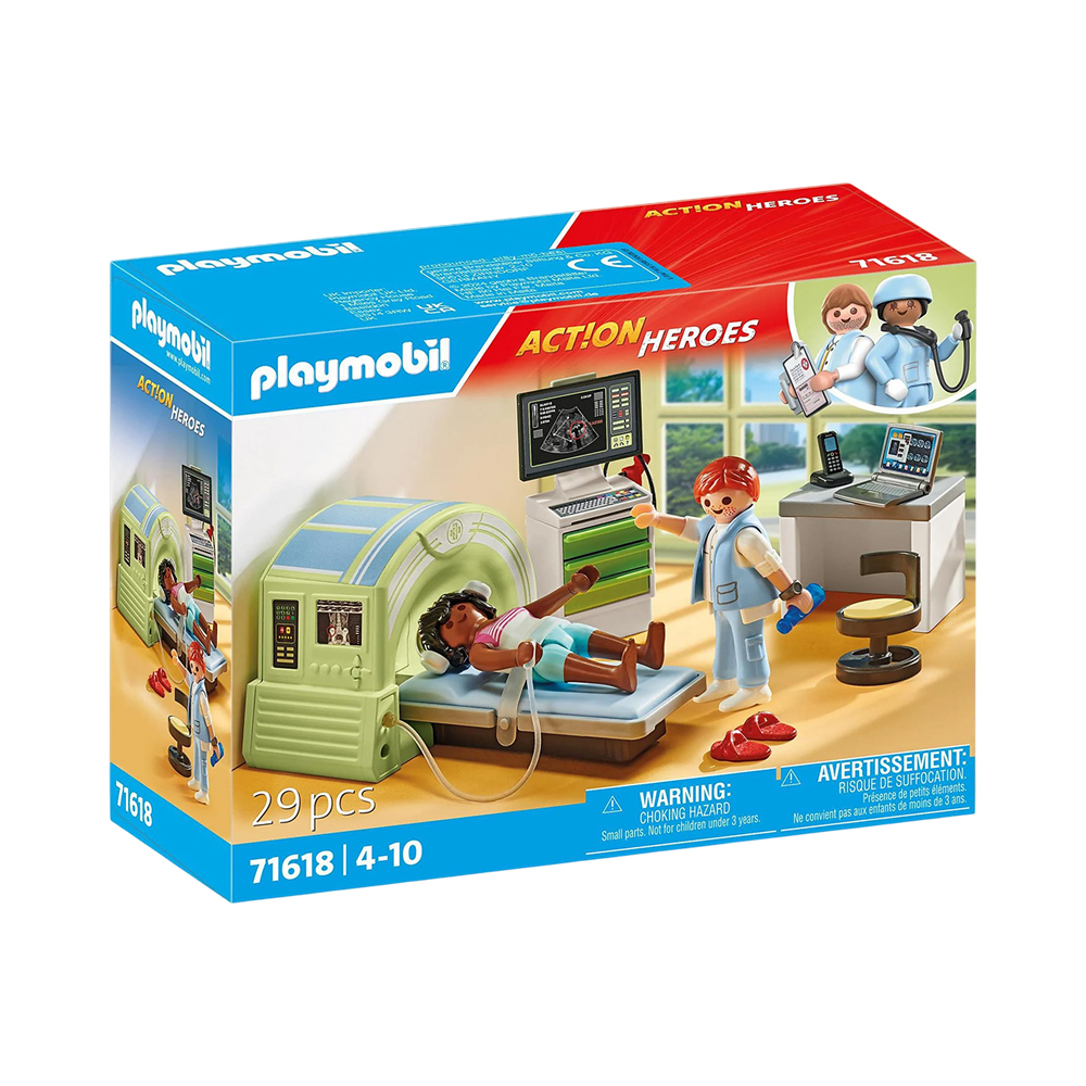 Brinquedo Playmobil Ressonância Magnética com Paciente Action Heroes 71618 29 Peças