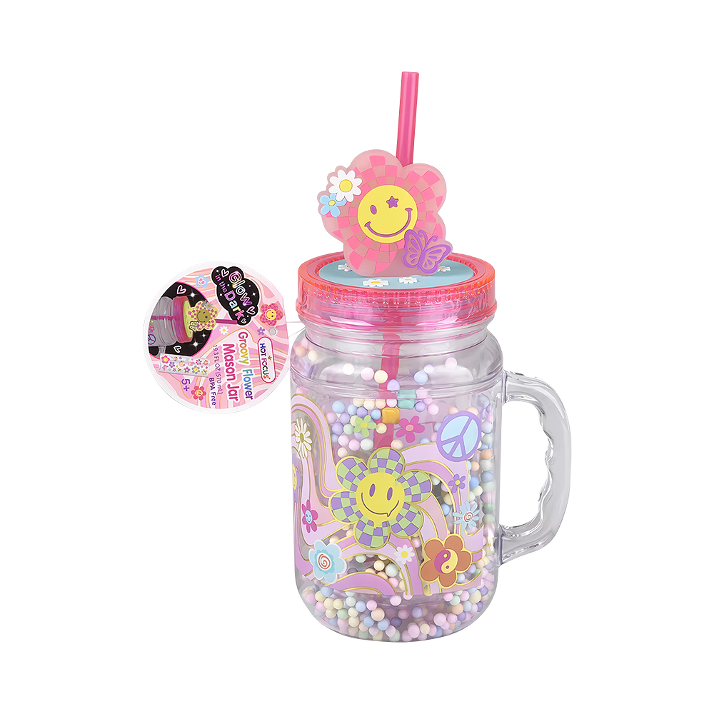 Copo com Canudo Hot Focus Glow IN The Dark Groovy Flower Mason Jar 408GF 570ML